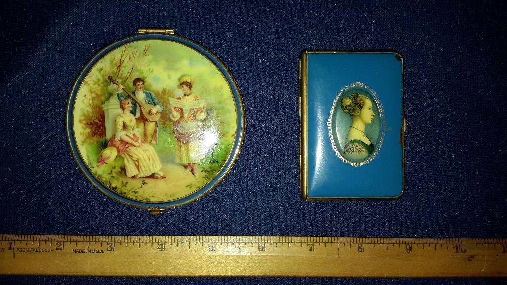 Vintage Enamel top Compacts (2): Lovely pair of Victorian style ladies compacts. The round compact is 3.75 across and has a Victorian garden musical scene. The clasp still works and there is powder inside still. The other smaller com