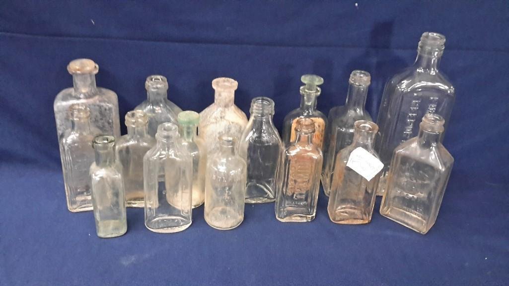 Clear Glass Bottle Collection (16): Markings say; Sloans Liniment; Norwich, Listerine and more...Range in size from 4.5" to 8.5"