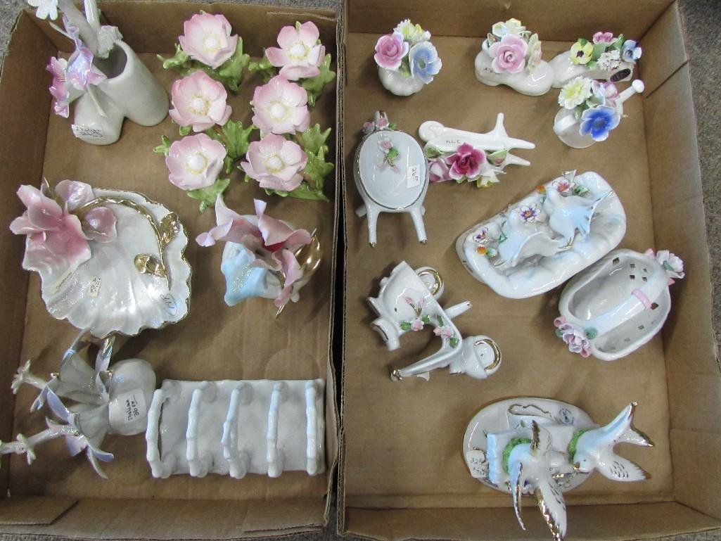 Porcelian Figurine and Flower Collection: Ranging in size from 2.5" tall to 5" tall. Capodimonte; Set of 6 flower napkin rings and more...