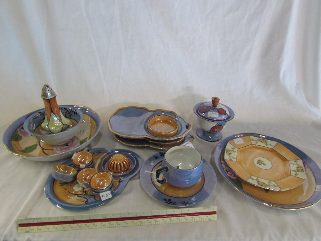 Lusterware Dishes (11): Some stamped Made in Japan, Noritake dish with lid, Chikaramachi cup, Royal Rockchester plate and more...