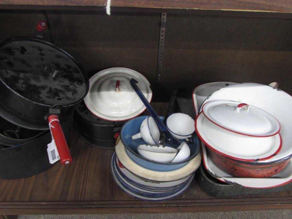 Enamel Ware and Pots (10): Enamel ware baking pans, funnel, ladles, plates. Metal pots and lids and more..
