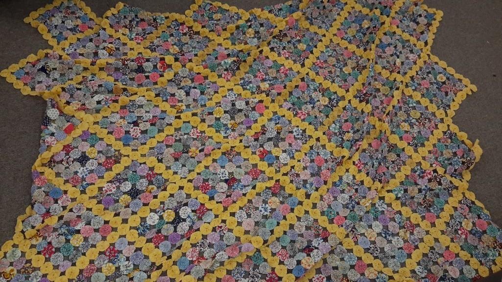 German Puff Spread: Circle Puff Quilt Spread measures 80 x 84 inches. Very nice unique handmade multi colored spread.