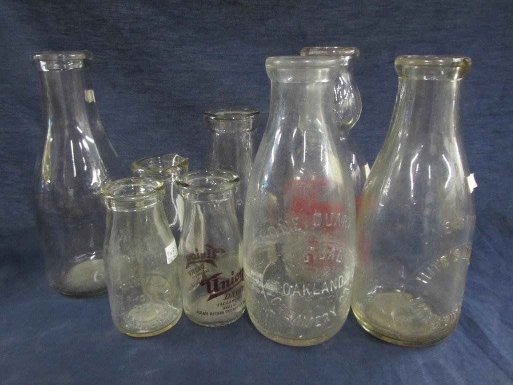 Vintage Bottle Collection (8): Clear Glass. Golden State Store, Union Dairy Sacramento, and more. Range in sz from 5" to 9.5" tall