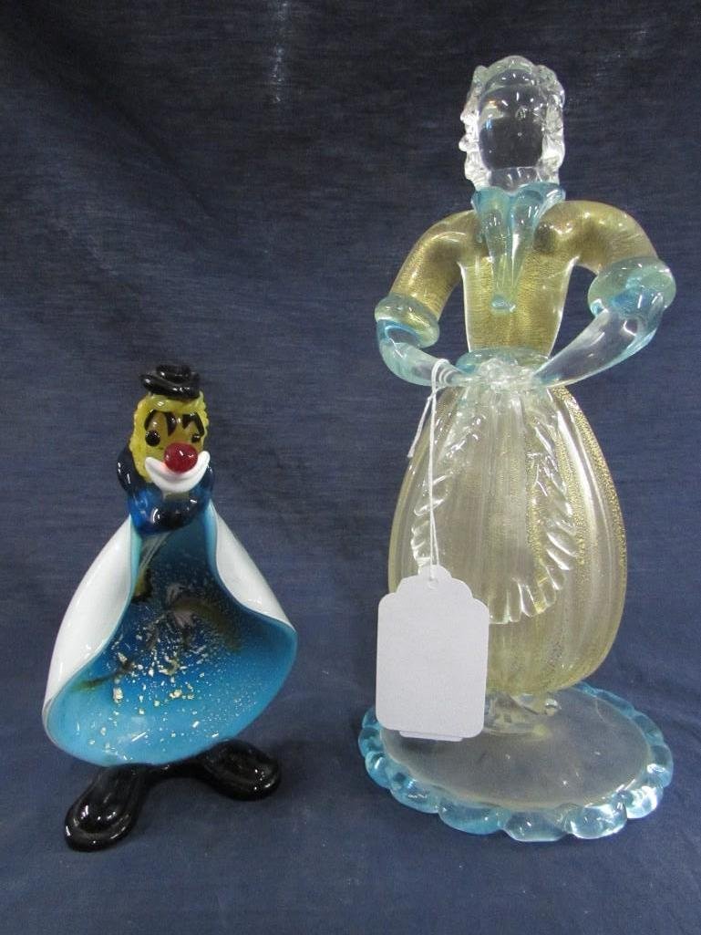 Murano Glass Clown and Glass Girl Figurine: Glass girl figurine measures 11.5" tall. Her hands had been broke and filed down. No markings. The Murano Glass clown measures 7" tall. No chips. 