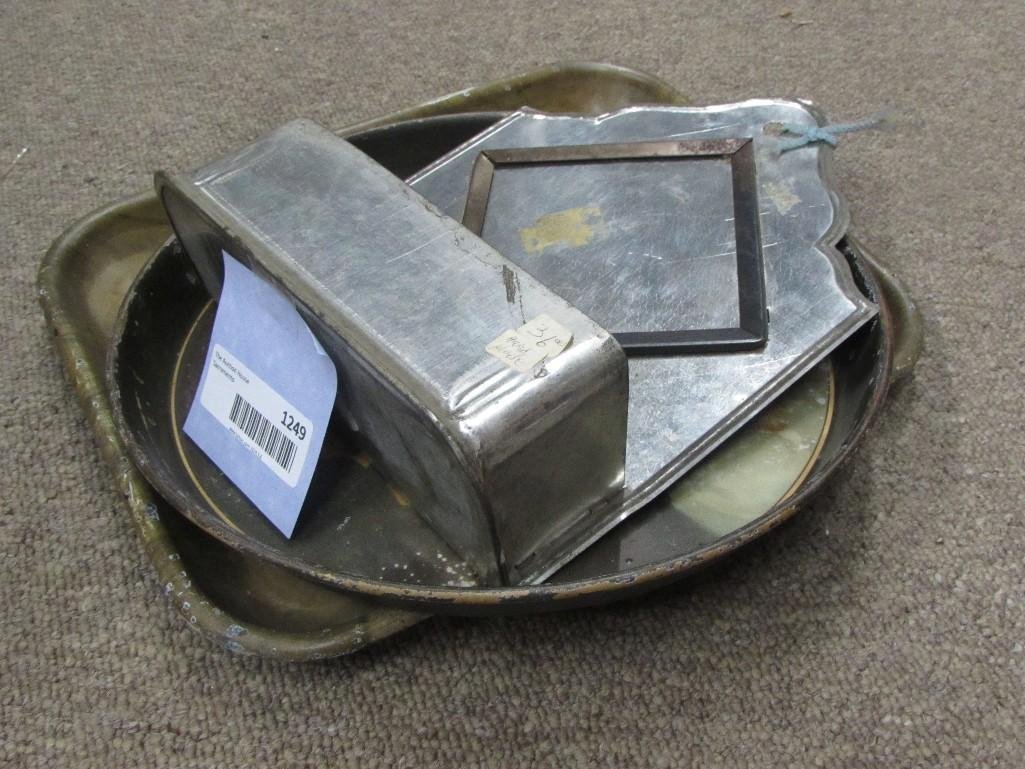 Vintage Metal Trays: Two vintage trays. REctangle tray 13" tall x 10.5 wide and says Fredericksburg Brewery, San Jose CA. Copyright 1975. Round tray measures 12" diameter and says Copyright 1907 by Chas W. 