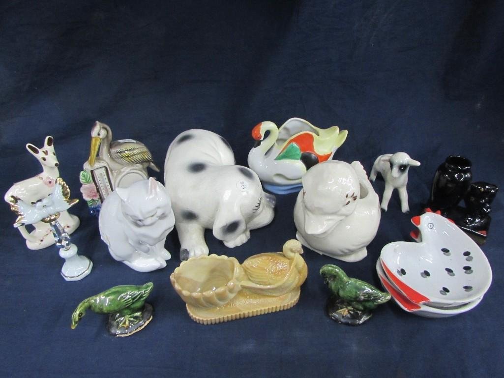 Animal Figurines and Containers (14): Fitz and Floyd cat (chip on the ear), made in Occupied Japan swan vase, hand painted Lefton China chicken dishes (2), and more, sizes vary from 2" to 4.5" tall, some items have chips