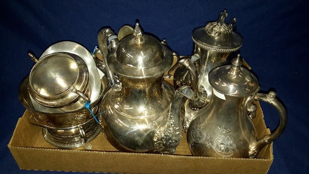Vintage Silver Plated Tea Lot (9): Very nice lot! Stamped "pairpoint mfg co.". 3 tea pots (8.5" tall - 10.5" tall). 2 creamer and more.