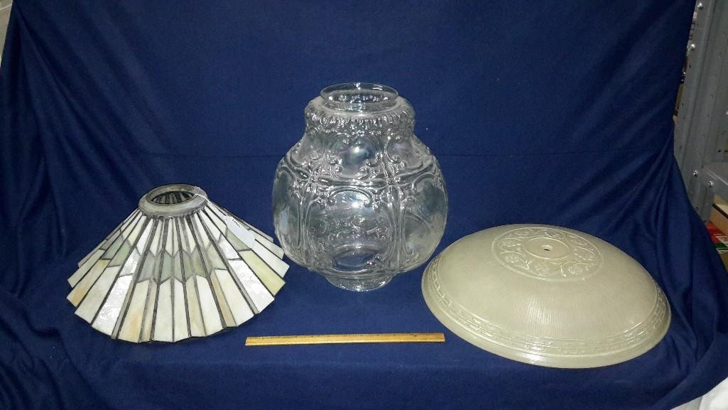 Large Vintage Lamp Shades (3): 1 round heavy glass (16" in diameter), 1 stained glass (7" tall x 14"), 1 depression glass (13" tall x 11" at its widest point.