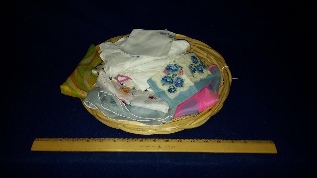 Basket of Vintage Handkerchiefs (22): Very pretty assortments of printed, embroidered, and floral handkerchief. Comes with round woven basket (14" in diameter).