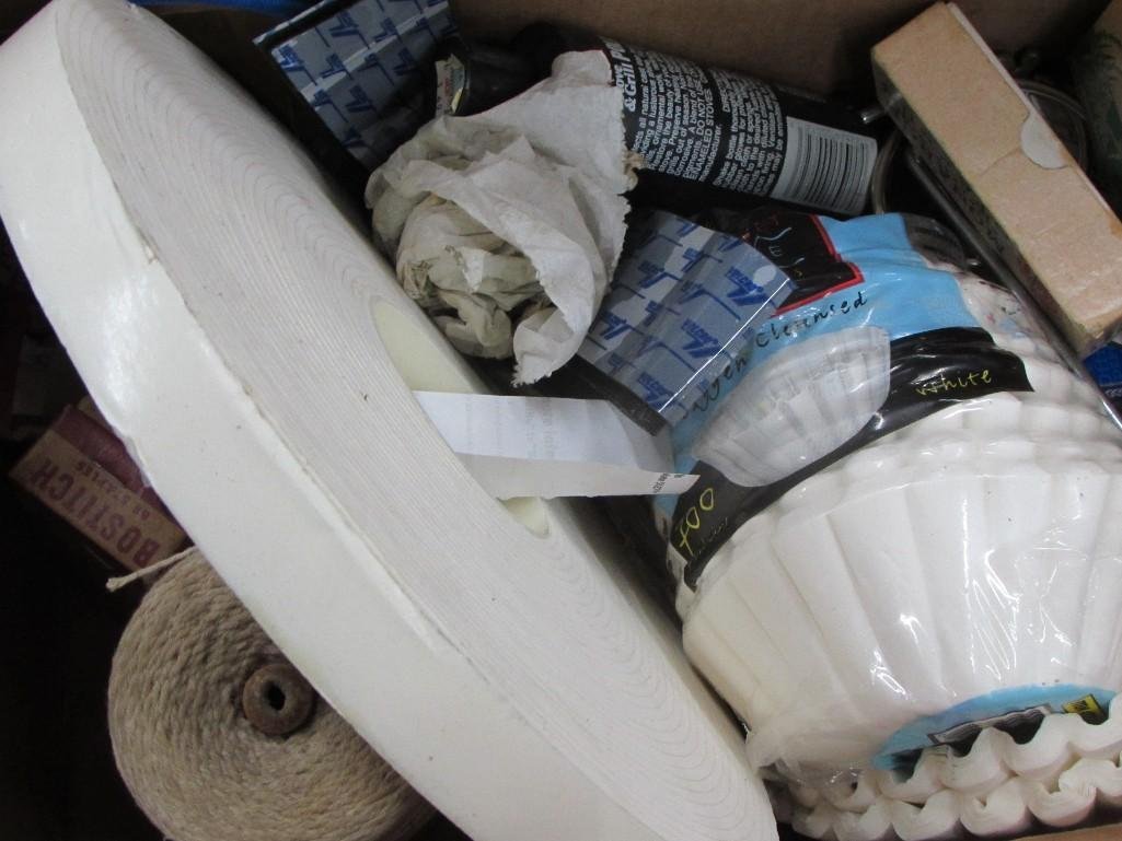 Box Lot of Misc House Hold Items: Box includes twine, 6 boxes of staples, bag of coffee filters, accent marbles and more.