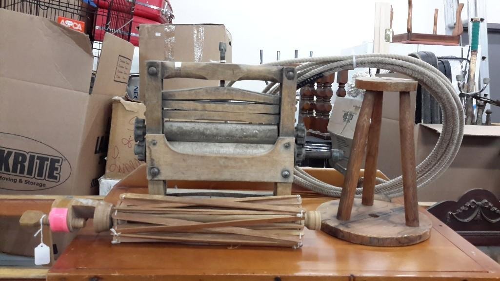 Vintage Laundry Items (4): Ringer measuring 14" tall, wood drying rack measuring 24" tall and more...