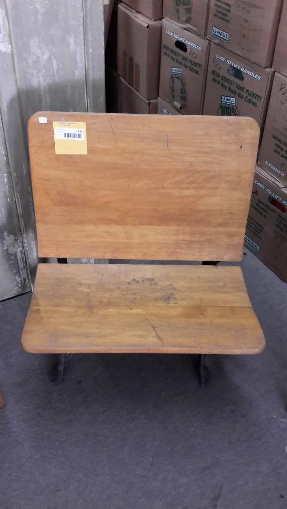 Folding Child's School Desk Chair: Has cast iron legs, wood seat and back, measures 28" tall, seat is 22" wide