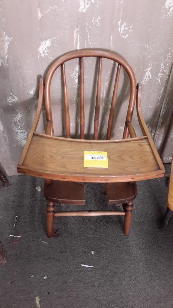 Vintage Wood Potty Chair: 26" tall, tray is 18" wide, piece of wood is broken on the seat