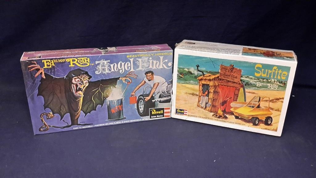 Vintage Plastic Model Kits (2): Both are in original packaging, Ed "big Daddy" Angel Fink model kit, & surfite with tiki hut model kit