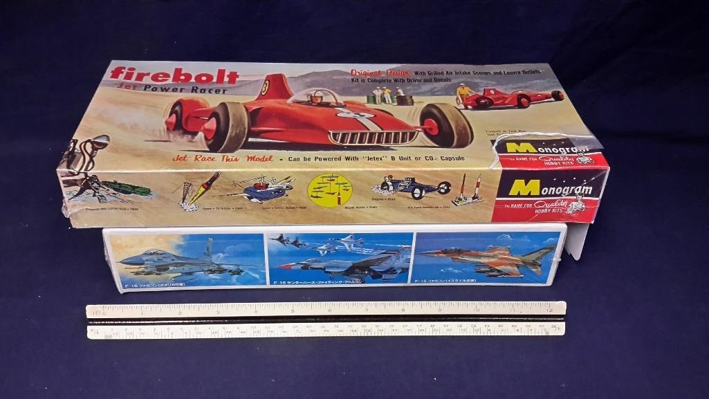 Vintage Plastic Model Kits (2): Both are in original packaging, firebolt jet power racer, & F-16 fighting falcon