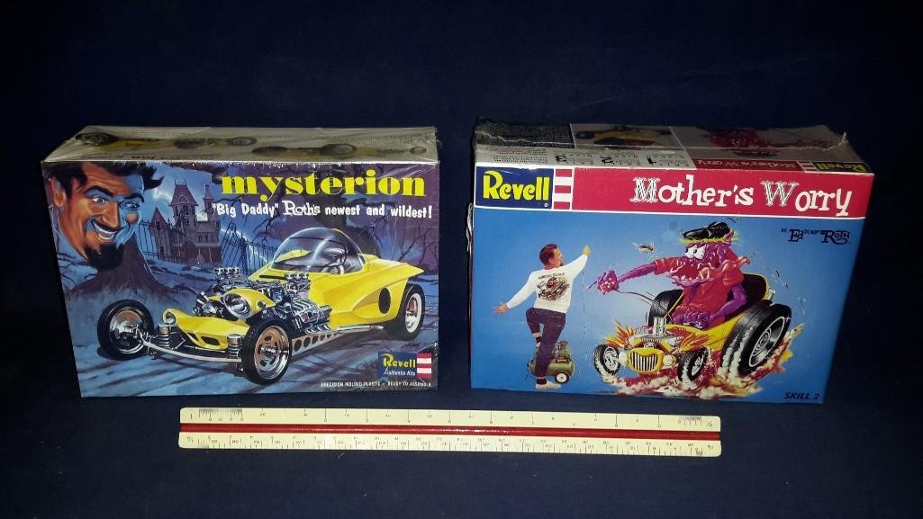 Vintage Plastic Car Model Kits (2): Both are sealed in original packaging, mother worry by Ed big daddy Roth, & Mysterion by Roth