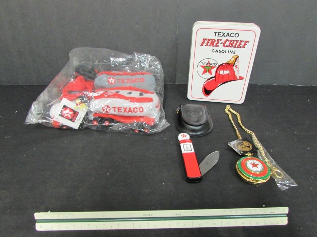 Texaco Plush Trucks & Texaco Tin Pocket Watch & Knife: All come in original packaging