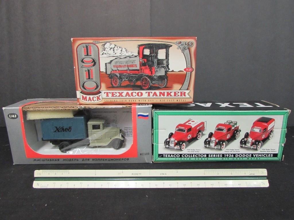 Collectible Model Cars (3): All are in original packaging, 1936 dodge series, 1910 mack tanker, & one other