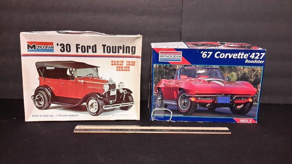Vintage Plastic Car Model Kits (2): 1967 Corvette 427 roadster & 1930 Ford touring