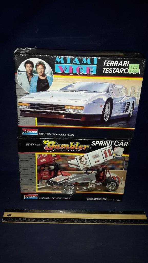 Monogram Vintage Plastic Car Model Kits (2): Both are sealed in original packaging, Miami Vice Ferrari testarossa, & Steve Kinser Sprint Car