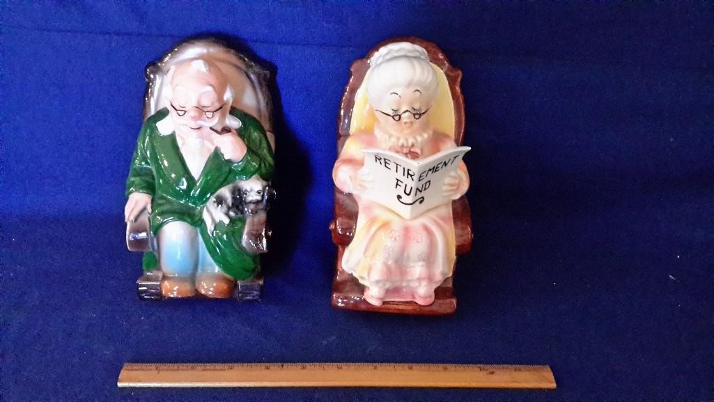 Ceramic Banks (Pair): 2 rocking chair banks 7" - 8" tall. Retirement themed banks