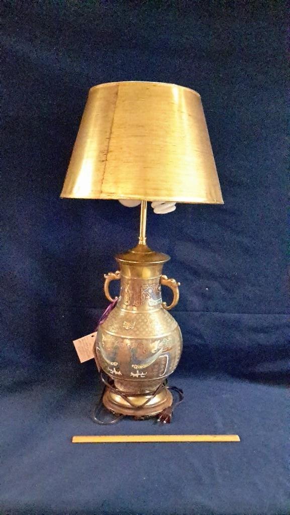 Bronze Champleve Oriental Table Lamp: Measures 25 1/2" tall. 
