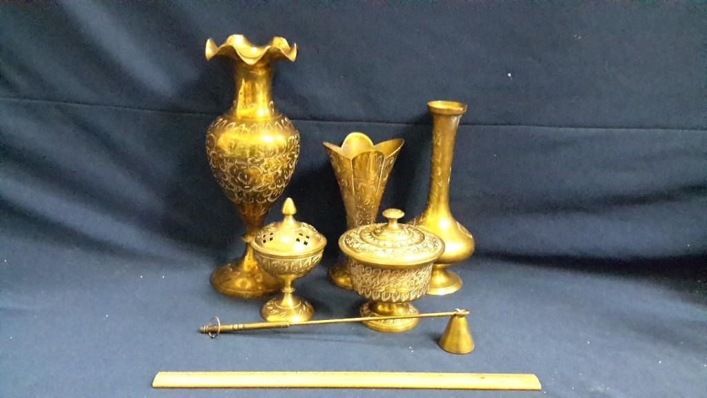 Decorative Brass Collection (6): 3 vases, incense burner, container with lid and a candle snuffer. Ranging in size from 10" tall to 4 1/2" tall. Candle snuffer is 11" long. Some Markings; Made in India