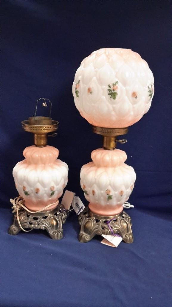 Gone with the Wind Style Table Lamps (2): Lovely rose design. One is missing the top glass shade. Lamp measures 22" tall. One without shade measures 15" tall. 