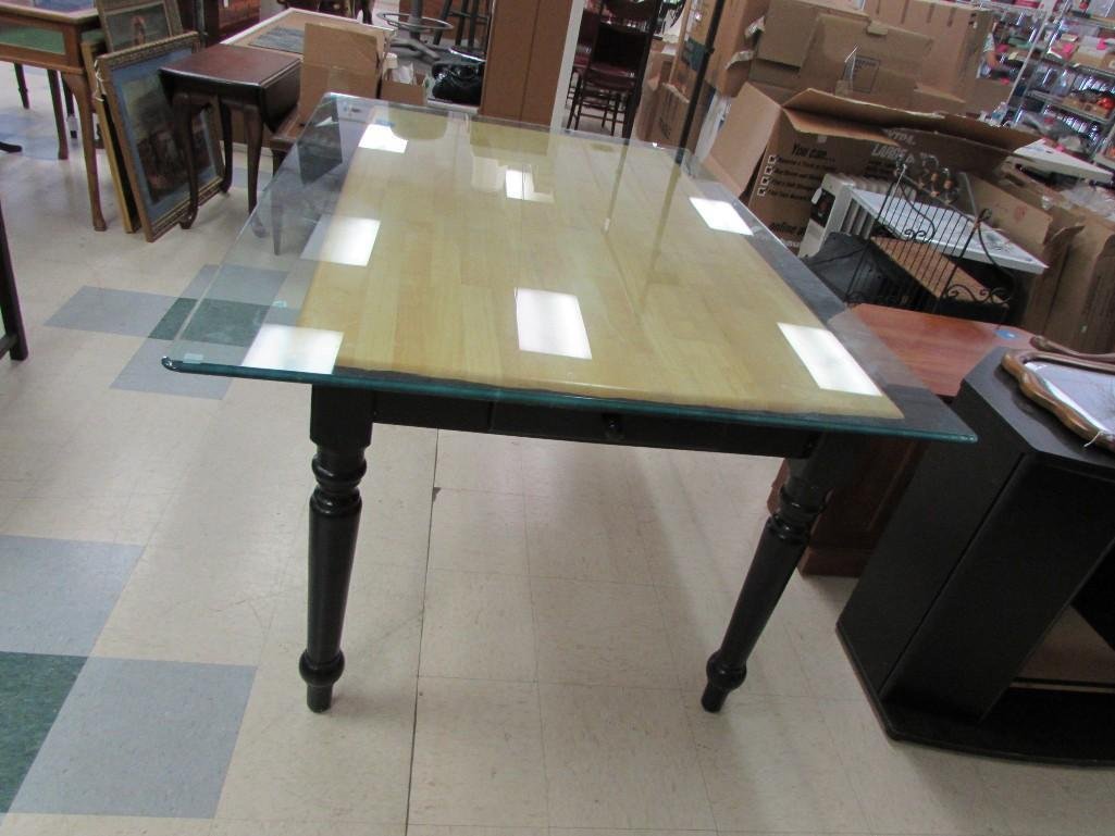 Dining Room Table with Heavy Glass Top: Table bottom has been painted. Stands 30" tall and is 60" x 36". Glass top measures 64" x 44" and is 1/2" thick.