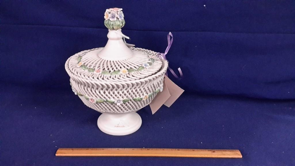 Capo De Monte Lattice Compote: Measures 9" tall and has a 7" diameter. White with floral detailing. 