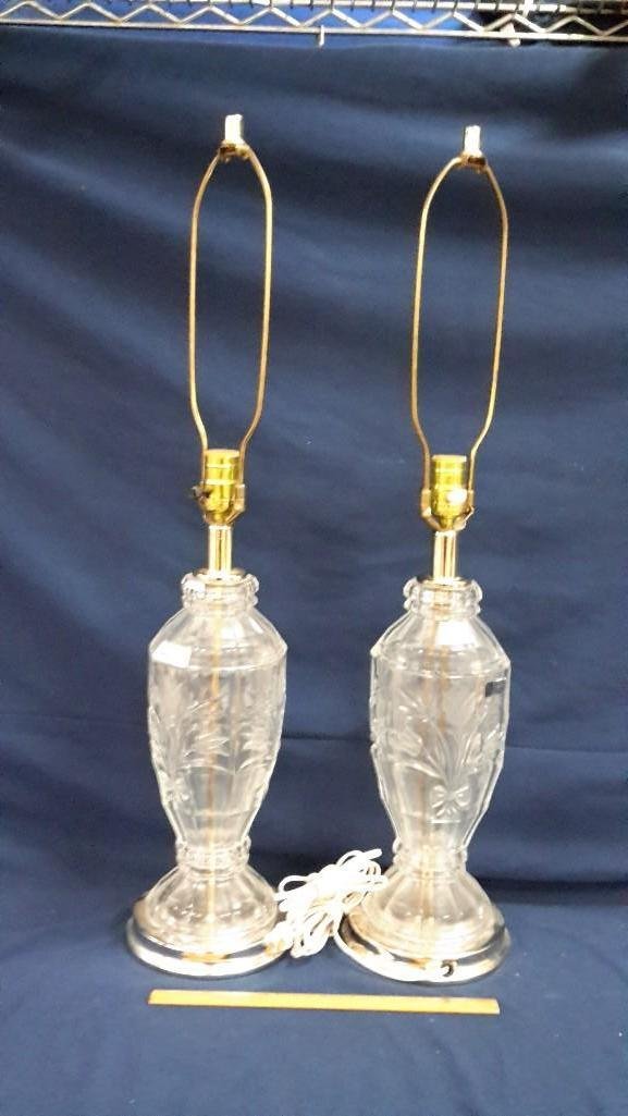 Hand Cut Crystal Table Lamps (2): Sticker reads: Hand Cut 24% Lead Crystal Made in West Germany Crystal Clear Industries. Measuring 30 1/2" tall. 