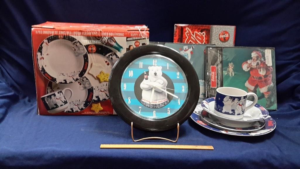 Coca-Cola Polar Bear Collection (7): Coca-Cola folders, mouse pads, wall clock and New in Box 1 pc dinnerware set, setting for 4. 