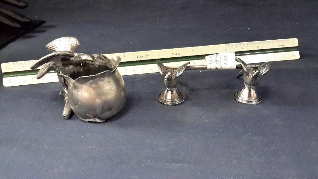 Silver Plate Master Salt and Knife Rest: Master Salt marked Benedict MFG. CO. Quad Plated. Bird motif knife rest 4" wide.