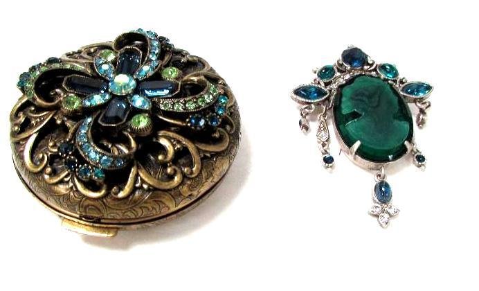 Bejewel Compact & Intaglio Brooch: Compact is gold tone and has green and blue rhinestones and is 2.5" round, brooch has green and blue rhinestones with green cameo, both are in great condition