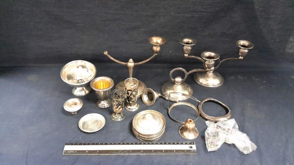 Sterling Collection: Candle stick holders, small bowl, coasters, & metal victorian doll house furniture, and more