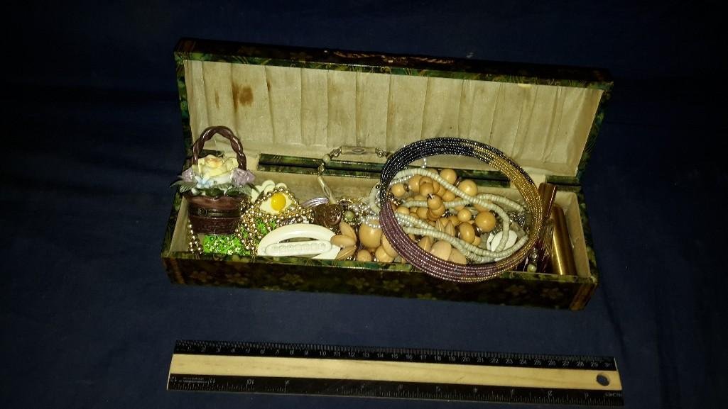 Wood Jewelry Box with Jewelry assortment: Perfume bottles, necklaces with wood beads, shell necklaces, trinket box, and more 