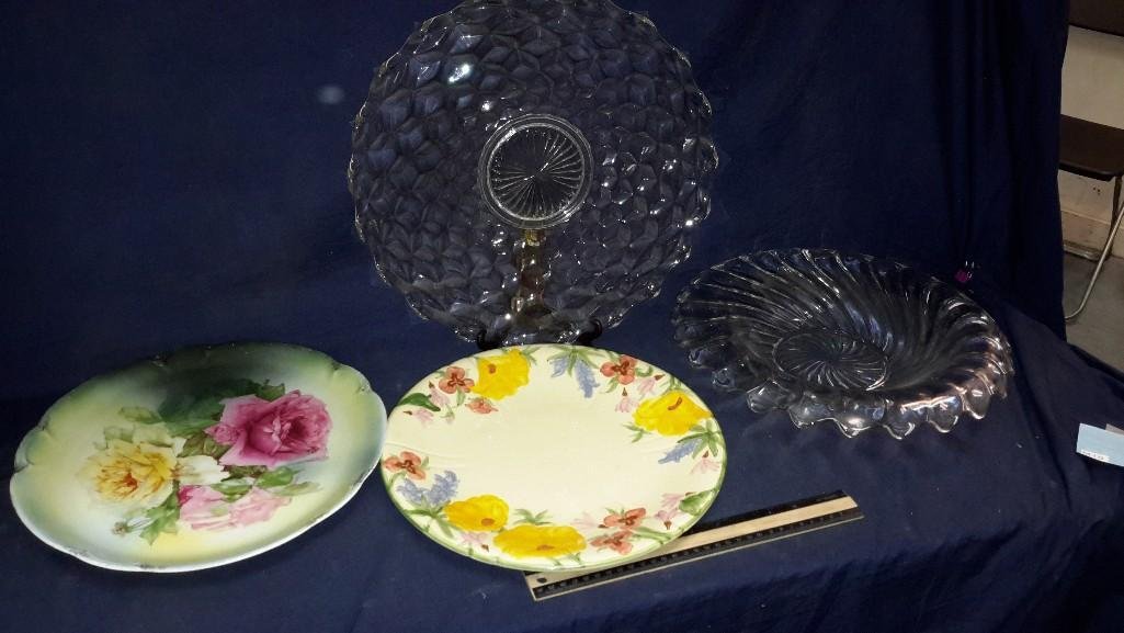 Glass and Ceramic Platters and Bowls: Includes Franciscanware Poppy Design 12.5" platter, Bavarian hand painted 12.5" platter, Clear class 14.5" platter, and shallow 14" depression glass bowl. All in good con