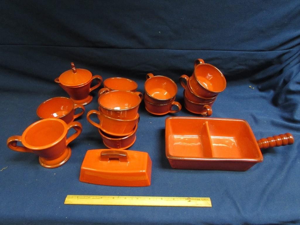 Ceramic Kitchenware (14): Orange ceramic cups, sugar bowl, divided dish and more.