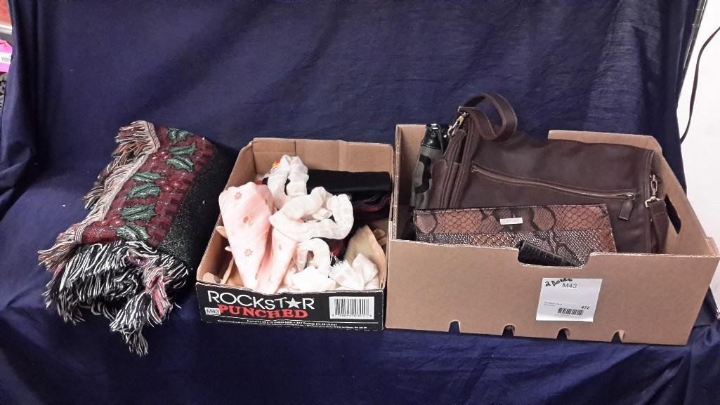 Ladies handbags, Two Nutcrackers and Cotton Throw: Nine West handbag, Rosseti New York small messenger bag, Miche snack skin bag cover no insert, three wallets, cotton throw blanket with Christmas motif, two nutcrackers, ladies leather gloves and