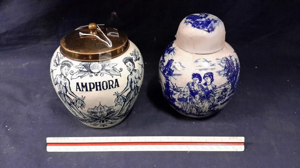 Canisters (2): Both have blue and white pattern. AMPHORA measures 7 1/2" tall. Other measures 8" tall. 