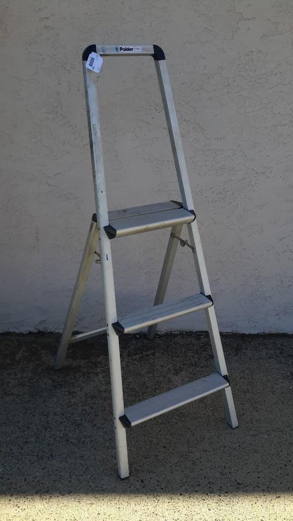 Polder Collapsible Step Ladder: Collapsible ladder has 3 steps and measures 51" tall and 25" wide when open. Light weight. Standing on top step to floor is 31".