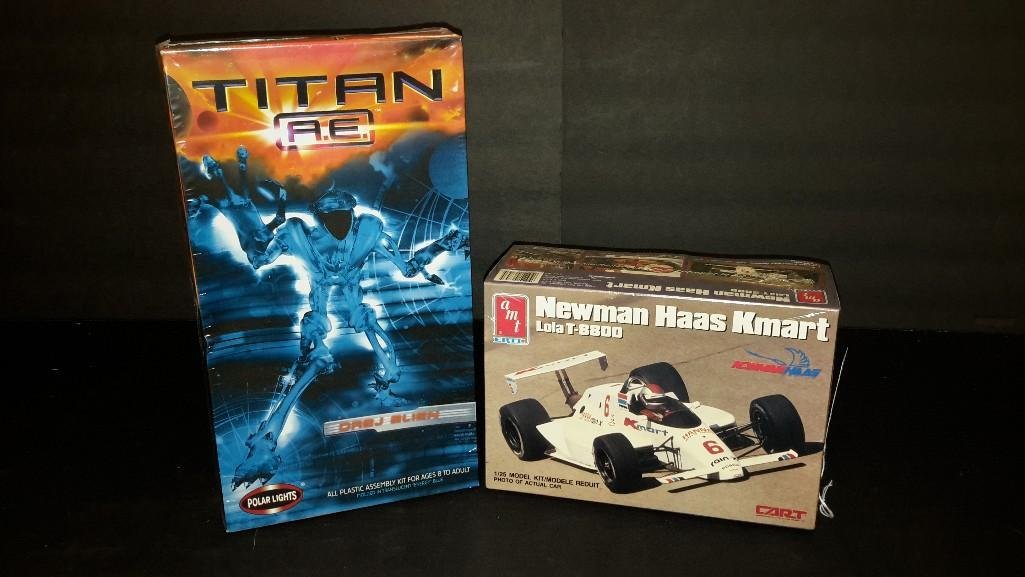 Plastic Car Model Kits (2): Both are in original plastic, Newman Haas Kmart & Titan A.E. Drej Alien model kit