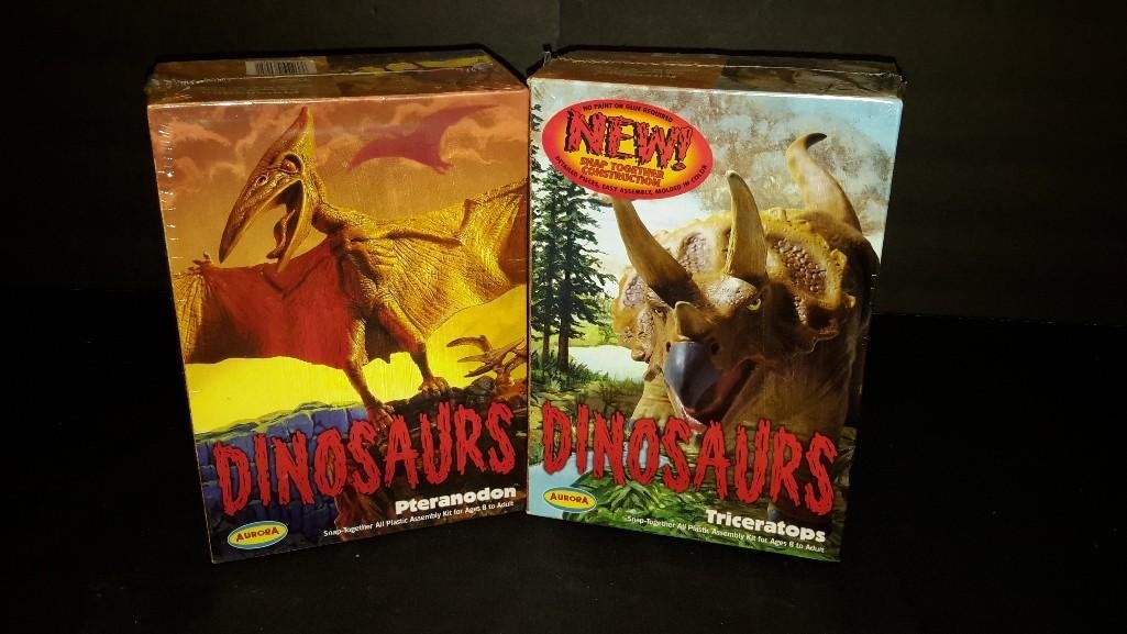 Aurora Dinosaurs Plastic Model Kits (2): Both are in original plastic, Triceratops, & Pteranodon