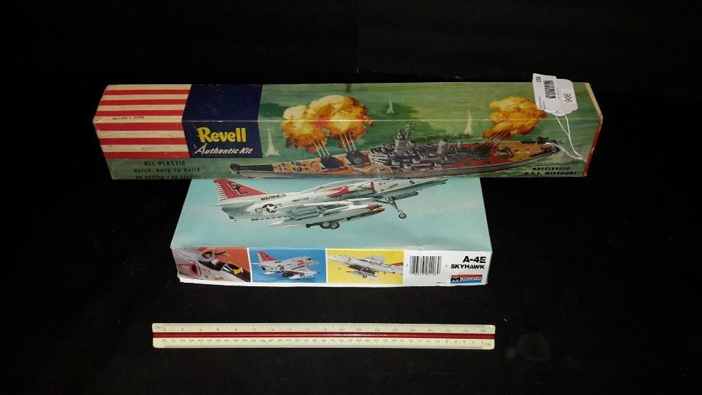 Vintage Plastic Model Kits (2): Revell Battleship U.S.S. Missouri & Skyhawk A-4E