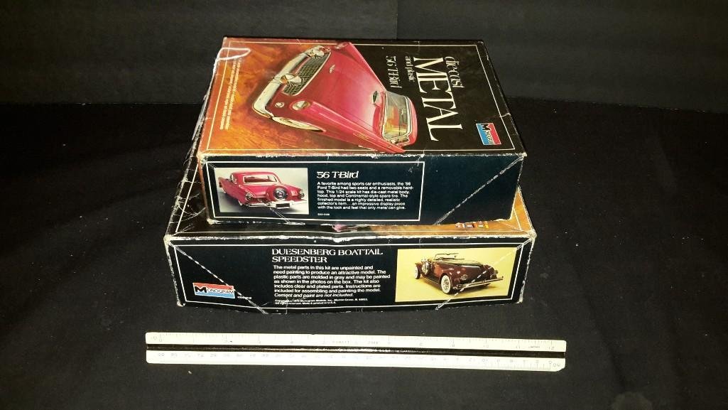 Monogram Metal Car Model Kits (2): Both Come in original boxes, but have been opened, 56 T-bird, & Duesenberg boatail speeder 