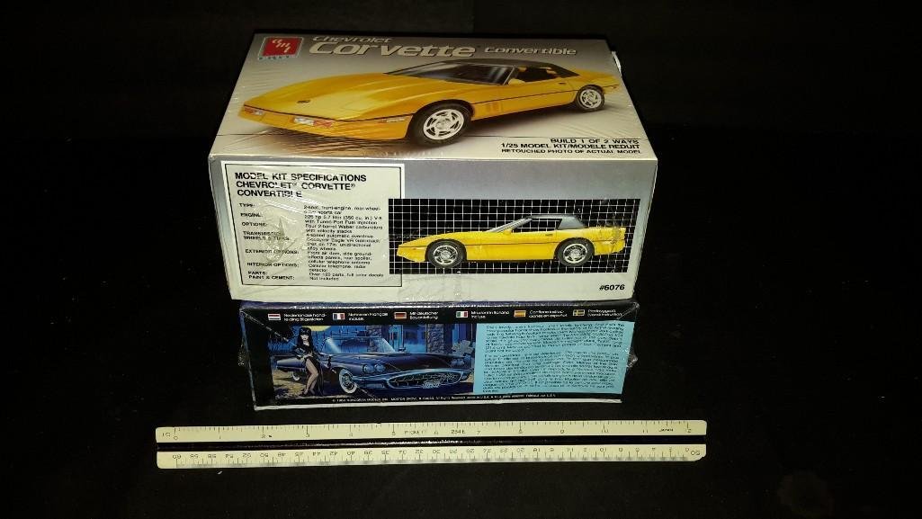 Plastic Car Model Kits (2): Both are sealed in original packaging, Chevrolet Corvette Convertible, Elvira Macabre Mobile