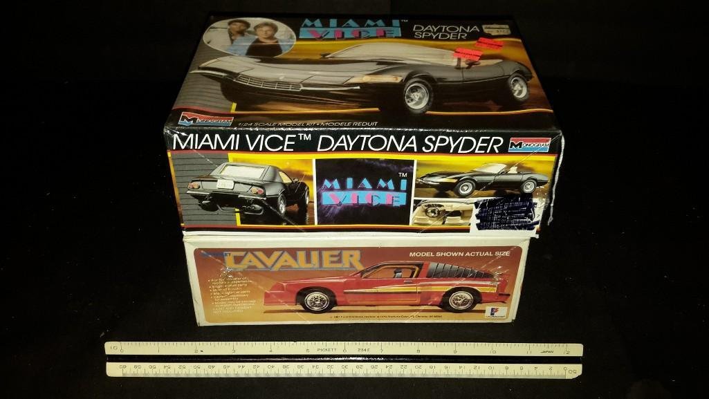 Vintage Plastic Car Model Kits (2): Both are sealed in original plastic, Miami Vice Daytona Spyder & Chevrolet Cavalier