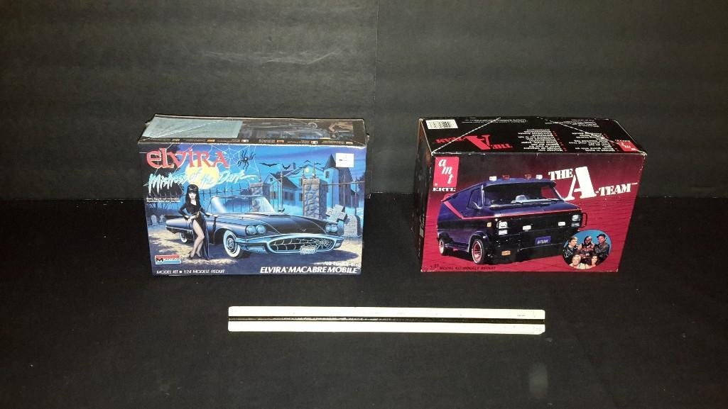 Vintage Plastic Car Model Kits (2): Elvira Macabre mobile & The A-Team Van