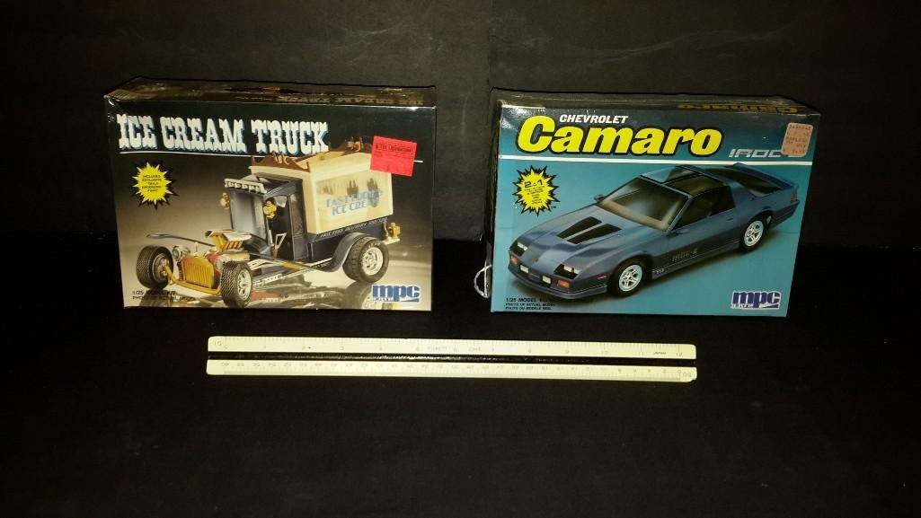 Plastic Car Model Kits (2): Both are sealed in original plastic, Chvrolet Camaro, & Ice Cream Truck Show Car