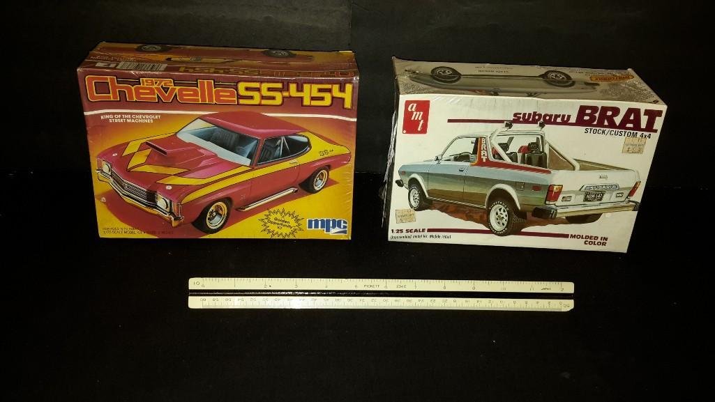 Vintage Plastic Car Model Kits (2): Both are sealed in original plastic, Subaru Brat 4x4, & 1972 Chevelle SS-454